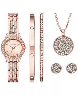 Folio Women Rose Gold Crystal Watch Bracelet Necklace Earring Box Set New in Box